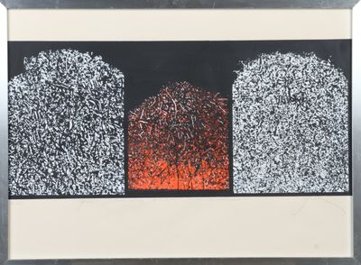 an image of a black and white painting with a red sky in the background