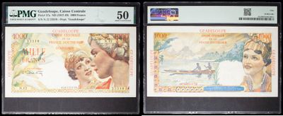 three different types of bank notes on display in a display case