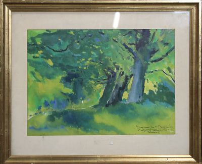 une image représentant un tableau où l'on voit deux arbres dans un champ verdoyant
