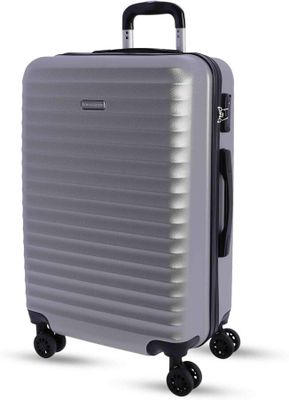 valise argentée avec roulettes et poignée, sur fond blanc