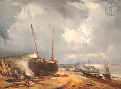 a painting of a boat on a beach with people on it