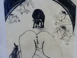 un dessin représentant une femme avec une vache en arrière-plan