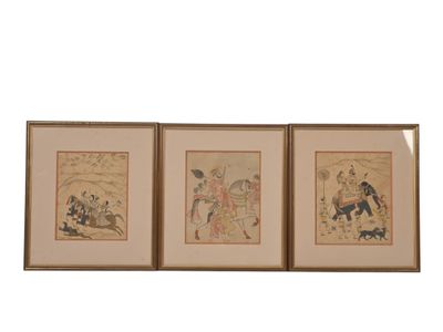 three framed asian paintings of men and women riding horses