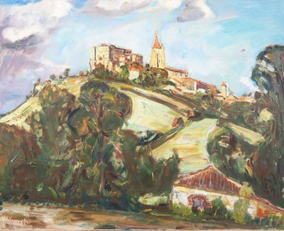 une peinture à l'huile représentant un château sur une colline avec des arbres au premier plan