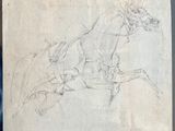 pencil drawing of a man riding a horse with a dragon on its back