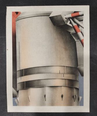 an image of a picture of a water tower with a red pipe sticking out of it
