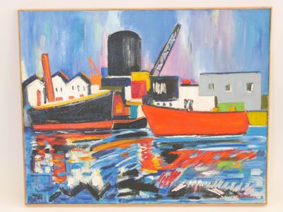 a painting of a boat in the water with a building in the background