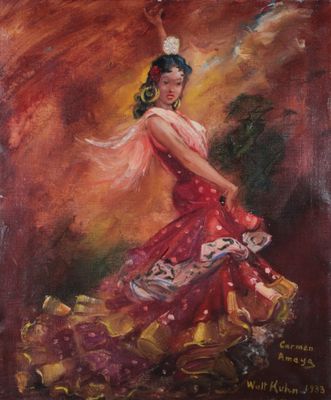 an oil painting of a woman in a red dress with a fan