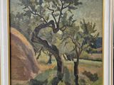 an oil painting of a tree in a field with a hays in the background