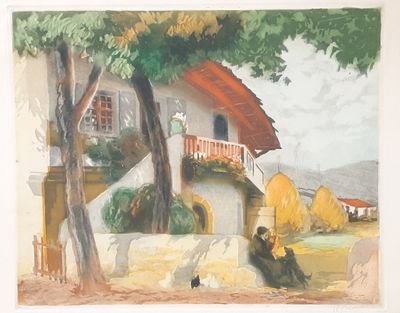 un tableau représentant un homme assis sous un arbre devant une maison