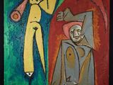un tableau représentant un homme debout à côté d'un homme assis sur une chaise