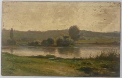 l'image d'une peinture représentant une rivière avec un bateau dans l'eau