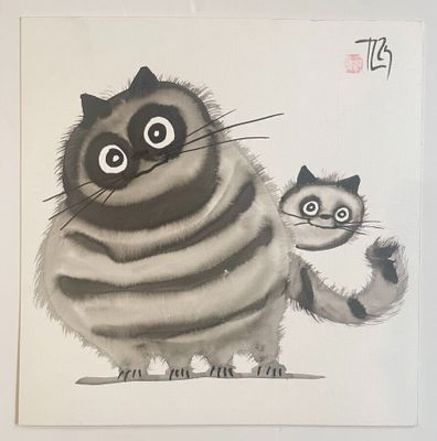 a painting of a cat and a raccoon on the wall