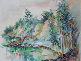 a painting of a river and trees in the water