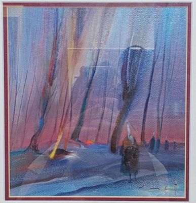 une peinture à l'huile représentant une personne marchant dans la neige avec un chien