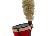 a red and black hat with a feather on it