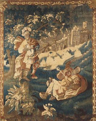 une image représentant une tapisserie sur laquelle figurent un homme et une femme dans un paysage