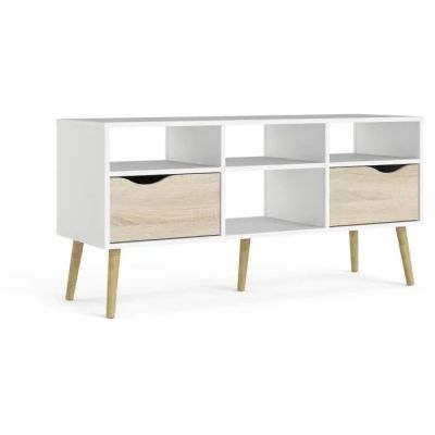 un meuble TV blanc et en bois, avec deux tiroirs et une étagère