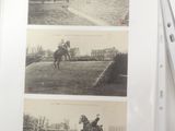 three pictures of horses and jockeys in a field