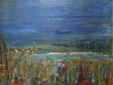 une peinture à l'huile d'une scène portuaire avec des bateaux dans l'eau