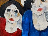 tableau représentant deux femmes coiffées de chapeaux et vêtues d'une robe rouge, assises l'une à côté de l'autre