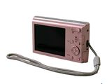 a pink digital camera with a cord attached to it