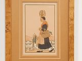 painting of a woman with a basket on her head in front of a white wall