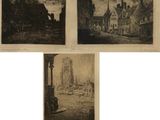 quatre dessins en noir et blanc représentant des bâtiments et une rivière
