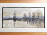 painting of a boat in a body of water with trees in the background