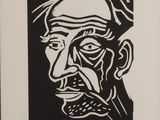 a black and white drawing of a man with a mustache