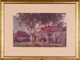 framed picture of a painting of a farm scene with a couple of cows in the foreground