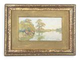 an oil painting of a river scene with cows grazing in the water