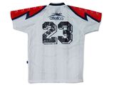 a white shirt with a black and red number 23 on it