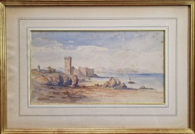 tableau représentant une scène de plage avec un château au loin