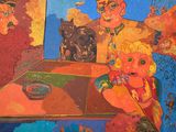 a painting of a man and a cat sitting at a table