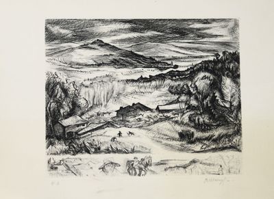 une image représentant un dessin de paysage avec des montagnes en arrière-plan