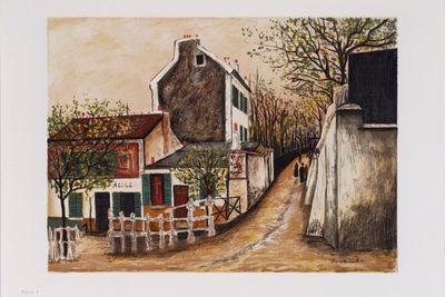 dessin représentant une peinture d'une scène de rue avec une maison et une clôture