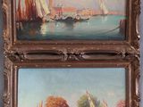 deux tableaux représentant des bateaux sur l'eau, avec une ville en arrière-plan