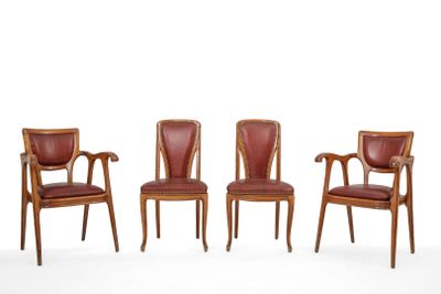 four chairs with leather upholstered back and armrests
