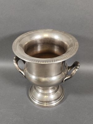 an image of a silver cup with handles on a gray surface