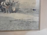 a painting of a horse pulling a carriage with a man standing next to it