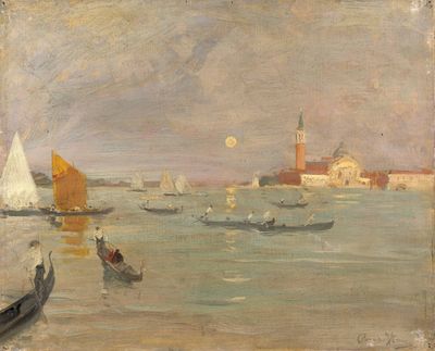 painting of boats in a body of water with buildings in the background