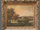 an oil painting of a farm scene with a white house in the distance