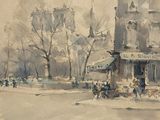 a painting of a street scene with a horse drawn carriage