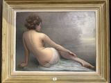 tableau représentant une femme nue assise sur une serviette, dans un cadre doré