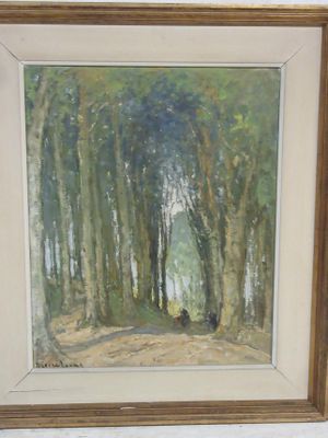 a picture of a painting of a person walking in the woods