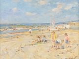 un tableau représentant des personnes sur la plage en train de jouer dans le sable
