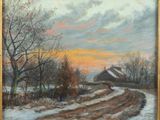 an oil painting of a snowy country road with a barn in the distance