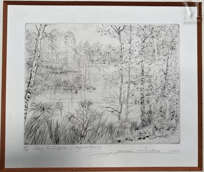 dessin au crayon représentant un paysage avec des arbres et un lac