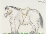 un dessin représentant un cheval attelé